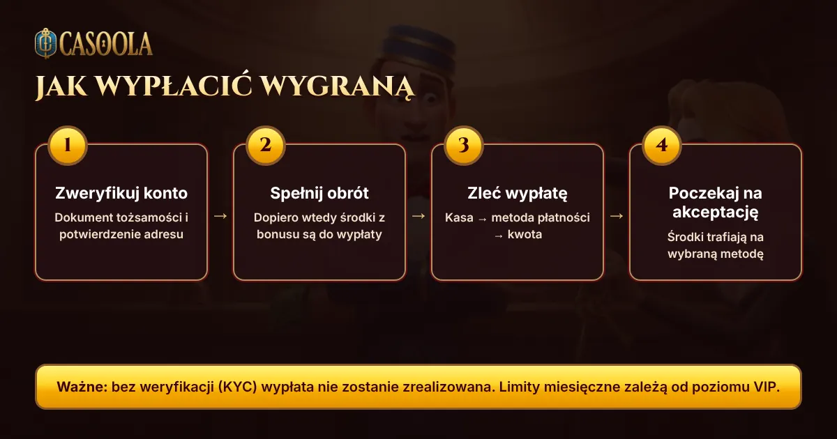 Infografika: wypłata w Casoola w 4 krokach – weryfikacja, obrót, zlecenie, akceptacja